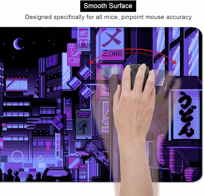 Dark Purple Japanese Anime Desk Mat, Retro Vaporwave Large Gaming Mouse Pad for Laptop Computer, Neon Tokyo Street Pixel Art Full Desk Mouse Pad, XXL Skyline City Mousepad- 35.4 x 15.7 Inch