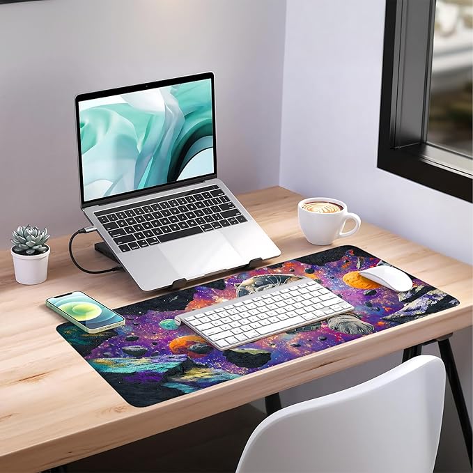 Cat Astronaut Extended Gaming Mouse Pad 35.4x15.7Inch Large Desk Mat Anti-Slip Rubber Base & Durable Stitched Edges for Gamers Smooth Mouse Writing Surface for Desk Office/Home
