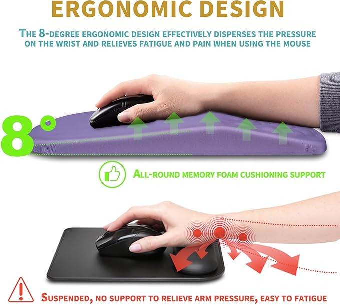 Hokafenle Ergonomic Mouse Pad Wrist Support with Massage Design, Wrist Rest Mousepad with Memory Foam&Non-Slip PU Base, Mouse Pads for Wireless Mouse & Desk (12x8 inch,Lavender)