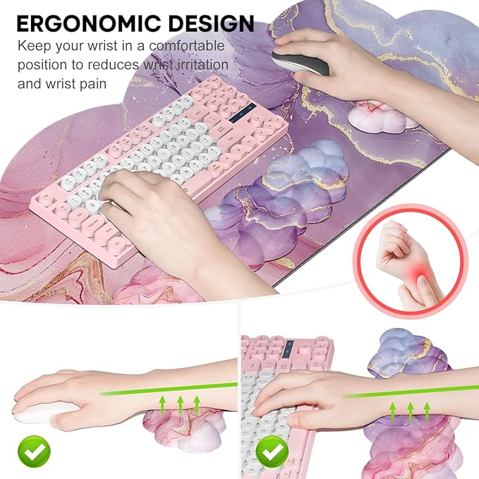 JIKIOU Large Cloud Mouse Pad Waterproof with Cloud Keyboard Wrist Pad and Cloud Mouse Wrist Pad Set, Ergonomic Computer Desk Wrist Support Mousepad for Keyboard and Mouse 35.4x15.7in Marble Pink