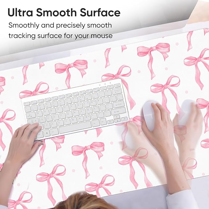 Desk Mat, XXL Large Mouse Pad,Leather Desk Pad Blotter Protector,Computer Laptop Mouse Pads for Desktop,Waterproof Writing Anti-Slip Mousepad for Office and Home I Pink Bow Girly