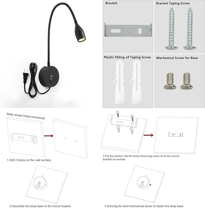 LED Wall Reading Light with USB Charging Port, Dimmable Gooseneck Bedside Lamp, Flexible Arm, 3W (Black, 120V Plug in, Warm White)