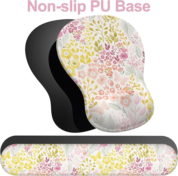 Ergonomic Mouse Pad with Wrist Rest and Keyboard Wrist Rest, Gel Mousepad and Wrist Rest for Computer Keyboard, Non-Slip PU Base, Mouse Pad Wrist Support for Gaming, Pink Yellow Flowers