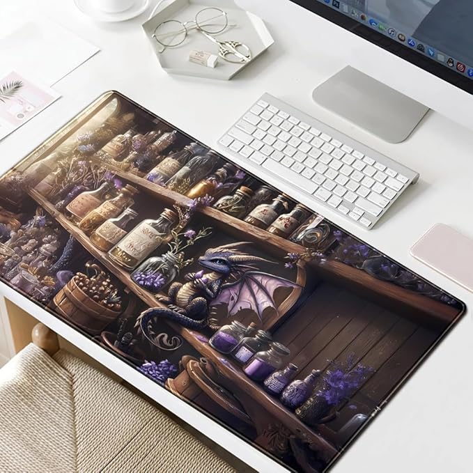 Purple Dragon Desk Mat Cute Large Gaming Keyboard Mouse Pad, Dragon Magic Desk Pad Extended Mouse Pad Gaming Office Decor for Pc Laptop Mouse Pads (31.5x15.7 in) with Stitched Eges Non-Slip Base