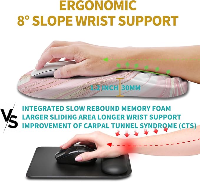 Hokafenle Ergonomic Mouse Pad Wrist Support, Wrist Rest Mousepad for Carpal Tunnel with Integrated Memory Foam Slope Massage Bulge (11.8x7.9 inch,Pink Fluid)