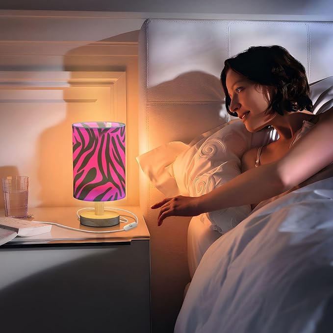 Pink Zebra LED Table Lamp, Bedside Lamp with Linen Lampshade, Flicker-Free Eye Care USB Plug in Nightstand Lamp, for Bedroom and Office