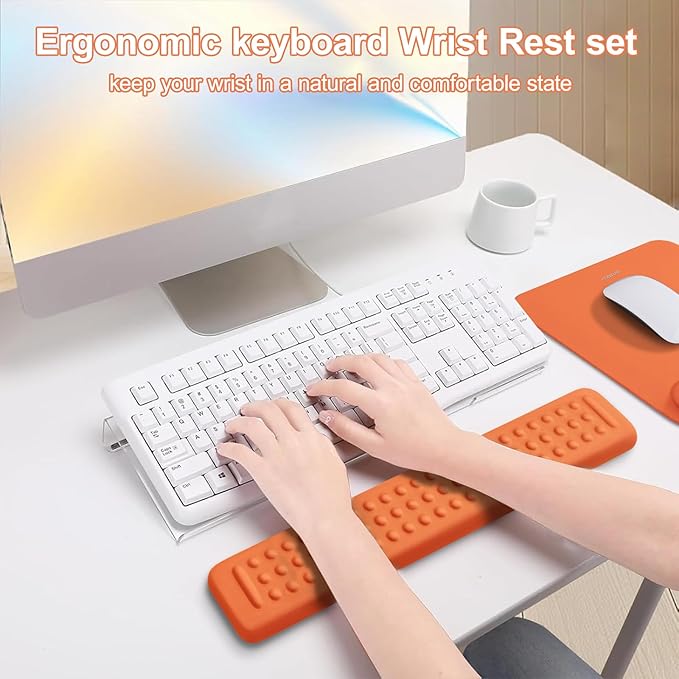 MOSISO Computer Keyboard Stand&Wrist Rest Support for Keyboard &Mouse Pad Set, Ergonomic Massage Wrist Rest Set, Easy Typing Working Acrylic Clear Stand for Office Home, Cosmic Orange