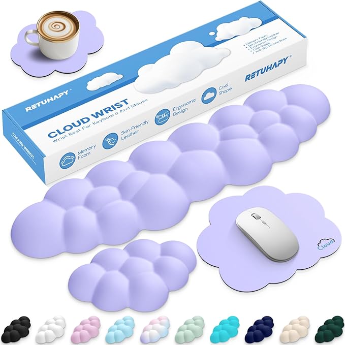 Cloud Wrist Rest Keyboard Cushion, 4-in-1 Ergonomic Cloud Keyboard Wrist Rest and Mouse Pad Set with Memory Foam Arm Support for Palm, Cute Desk Accessory for PC Gaming Setup, Purple