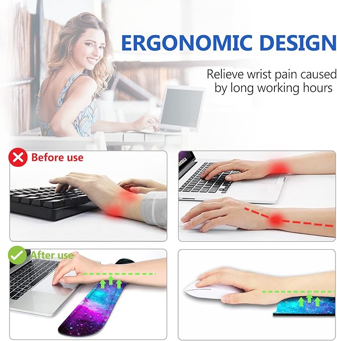 AIMSA Keyboard Wrist Rest Support + Mouse Pad + Mouse Wrist Rest + Coaster, Ergonomic Memory Foam Anti-Slip Rubber Base 4 PCS Set Easy Typing Pain Relief, Galaxy Nebula Universe