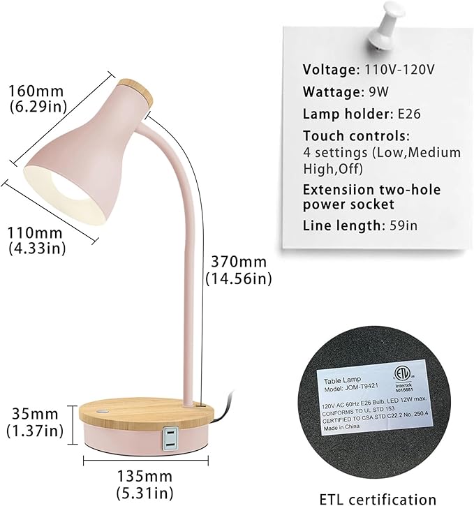 Metal Desk Lamp Wireless Charging Table Lamp Touch Reading Lights Arc Desk Lamps for Bedroom, 3 Way Dimmable Bedside Lamp with USB Charging Ports Lamp for Study Room and Office (Touch-Pink)