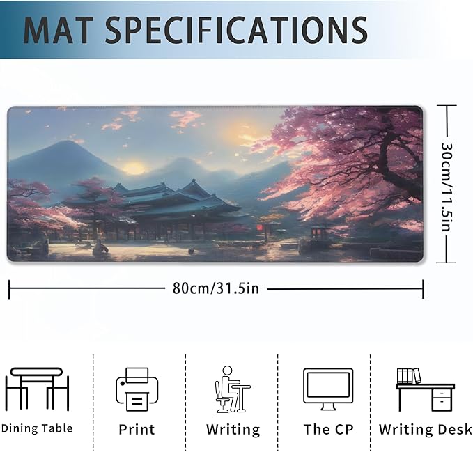 Desk Mat, Spring Cherry Blossoms Extended Gaming Mouse Pad Large, Fantastic Shrine Desk Mat with Non-Slip Base and Stitched Edge, Long Computer Keyboard Mouse Mat for Home Office Work 31.5"x11.8"