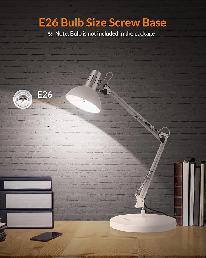 LEPOWER Metal Desk Lamp, Adjustable Goose Neck Architect Table Lamp with On/Off Switch, Swing Arm Desk Lamp with Clamp, Eye-Caring Reading Lamp for Bedroom, Study Room &Office (White)