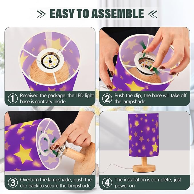 Purple Star LED Table Lamp, Bedside Lamp with Linen Lampshade, Flicker-Free Eye Care USB Plug in Nightstand Lamp, for Bedroom and Office