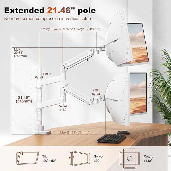 Dual Monitor-Arm Heavy-Duty for 17-49-inch Screens - Vertical Stacked Dual Monitor Mount Stand for Ultrawide Screens up to 44lbs, Aluminum,Full Motion, VESA 75/100 mm, White