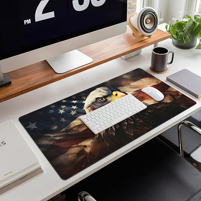 Desk Mat,American Bald Eagle Large Gaming Mouse Pad for Desk XXL,USA Flag Eagle Desk Pad,Extended Big Computer Keyboard Mouse Pad with Non-Slip Base and Stitched Edge 35.4"x15.7"