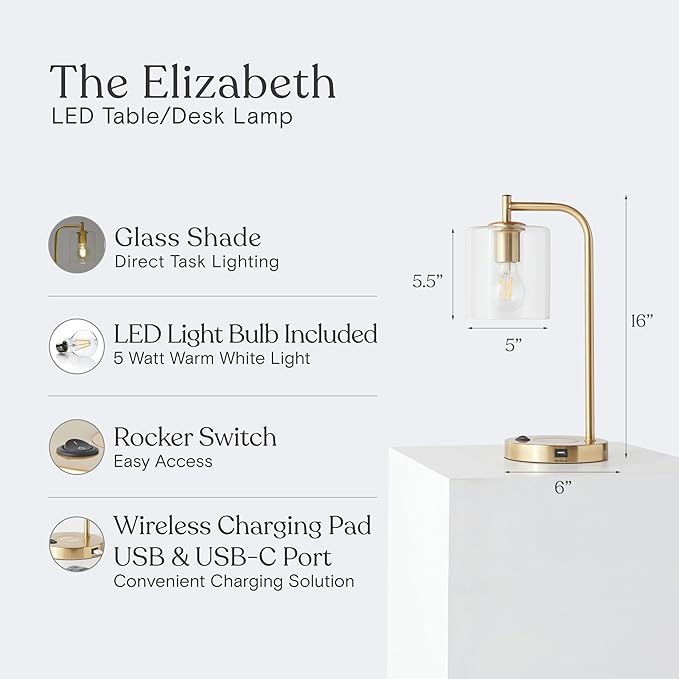 Brightech Elizabeth Table Lamp with Wireless Charging Pad and USB Port, Bedside Reading Lamp, Vintage Brass Gold Desk Lamp, Nightstand Lamp with LED Bulb for Bedroom, Living Room, Office
