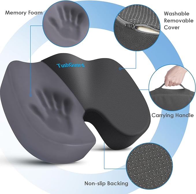 TushGuard Seat Cushion for Office Chair Memory Foam Non-Slip Cushion for Back, Coccyx & Tailbone Support, Ergonomic Butt Pillow for Office Chair, Car, Wheelchair, Grey, XX-Large