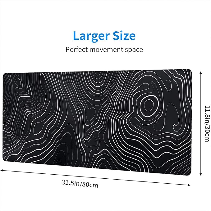 Topographic Map Desk Pad Mouse Pad Black White Minimalist Extended Gaming Mouse Pad Mat with Stitched Edge Non-Slip Base Big Mouse Pad 31.5"x11.8" Office Computer Keyboard Laptop Home
