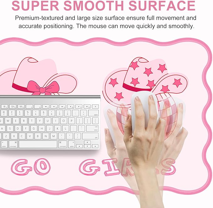 L-SPOUTTO Pink Mouse Pad,Retro Western Cowgirl Desk Mat Large Scalloped Gaming Mousepad,35.4x15.7in Non-Slip Rubber Base Keyboard Pad Waterproof Desktop Mat for Laptop Computer Game Office-Cowgirl