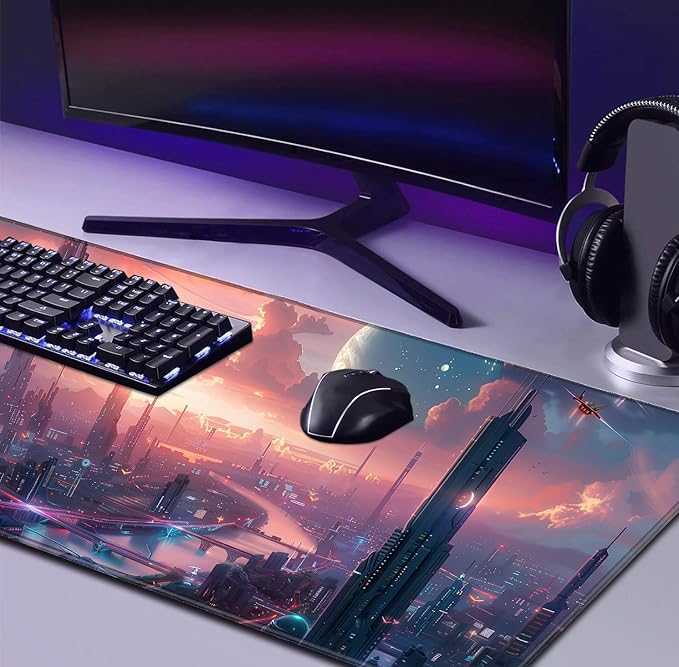Digital Anime City Night View Office Art Desk Mat, Female Aesthetic Style Oversized Stitched Edge Laptop Keyboard Desk Mat 35.4 x 15.7 x 0.12 Inches
