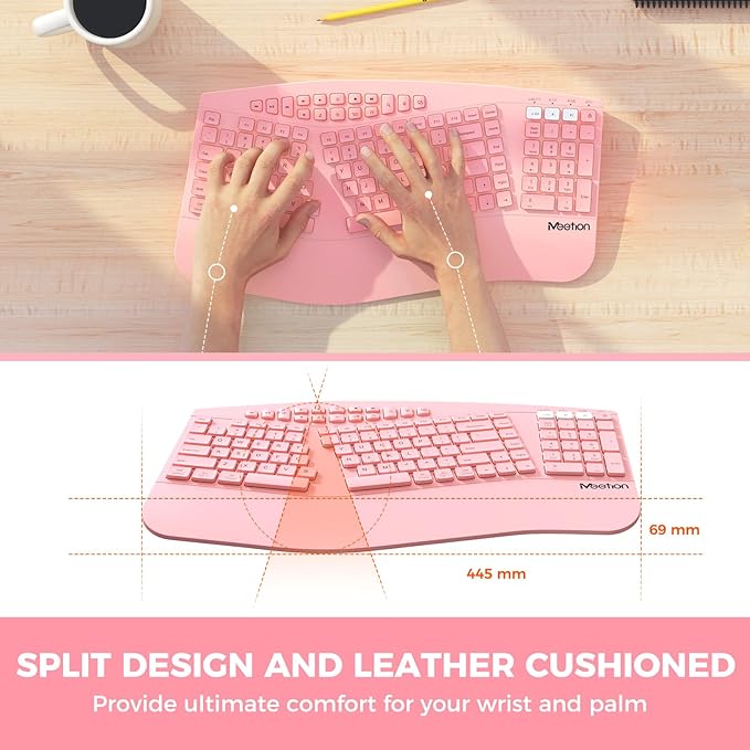MEETION Ergonomic Keyboard Wireless, Multi-Device Bluetooth Keyboard, Wrist Rest for Natural Typing, Full-Sized Rechargeable Split Computer Keyboards, for Windows/Mac/PC/Laptop/Ta
