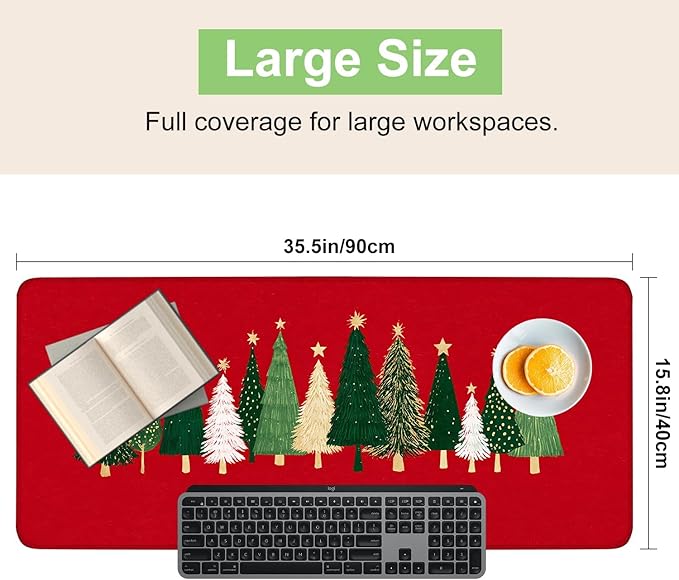 Desk Mat, XXL Extended Gaming Pad for Desktop, 35x16 Inches Trees on Red Background, Large Non-Slip Vegan Leather Surface with Stitched Edges, Keyboard Mouse Mat for Home Office