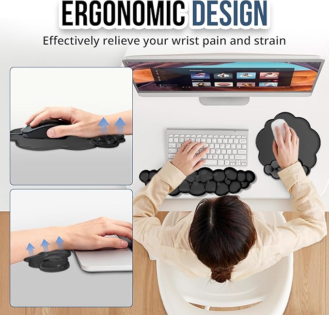 Keyboard Wrist Rest Set — Ergonomic Cloud Wrist Rest Keyboard and Mouse Pad, Non-Slip Desk Accessories for Office and Home（Black）