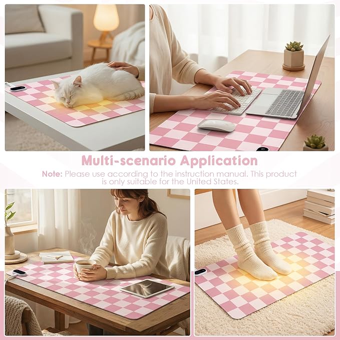 Konohan Heated Large Desk Mat PU Leather Cute Warm Mouse Pad with 5 Heating Level & 4 Hour Auto Shut-Off Heating Keyboard Pad Warmer Gaming Mice Mat Only Supports 110v(Pink Checkerboard, 31.5" X 13")