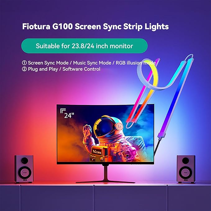 Monitor LED Backlights for PC & Mac, RGBIC LED Strip Lights that Sync with Screen Color or Music, Computer Light Bar Behind Monitor, LEDs for Desk Gaming, USB Port, Software Control (24 in)