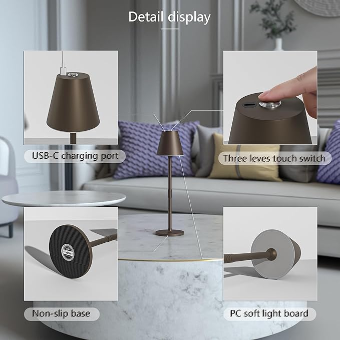 2-Pack Cordless Table Lamps - 5000mAh Rechargeable Battery Operated Desk Lamp, 3-Level Dimmable LED Night Light for Bedroom, Dining, Restaurant - Metal Design(Khaki-2Pack)