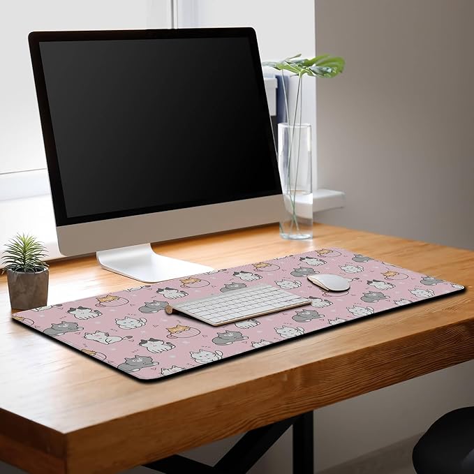 Gaming Mouse Pad Pink, Large Mousepads Computer Desk Mat, XXL Mouse Pad Gaming Non-Slip Rubber Base Waterproof with Stitched Edges, 35.4 X 15.7 inch for Work/Game/Office/Home Cartoon Cat