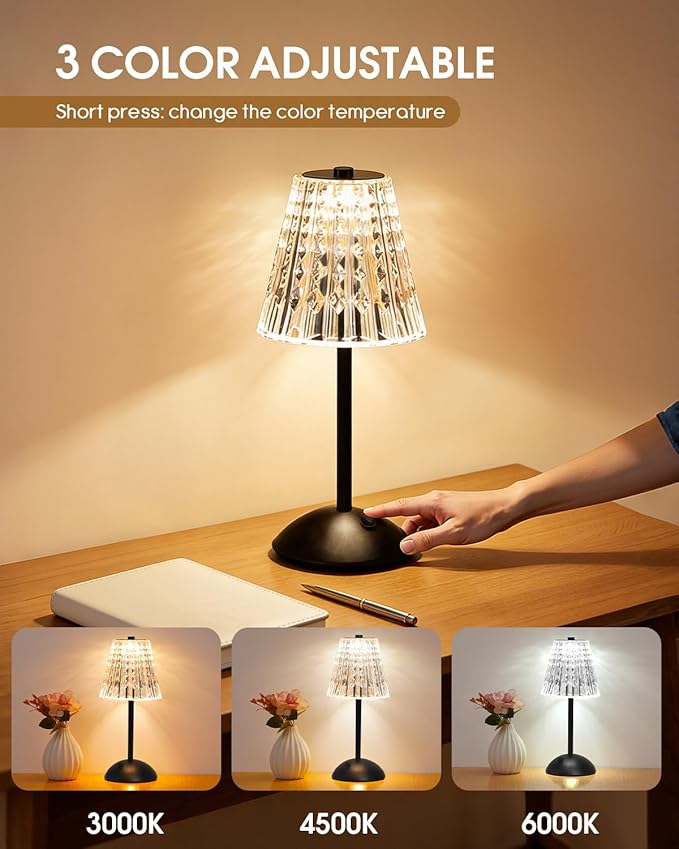 Rechargeable Cordless Table Lamp, Touch Control Crystal Desk Lamp with 3500mAh Battery, 3 Color Dimmable LED Small Lamp for Bedroom Bedside Restaurant Kitchen Home Decor, Black