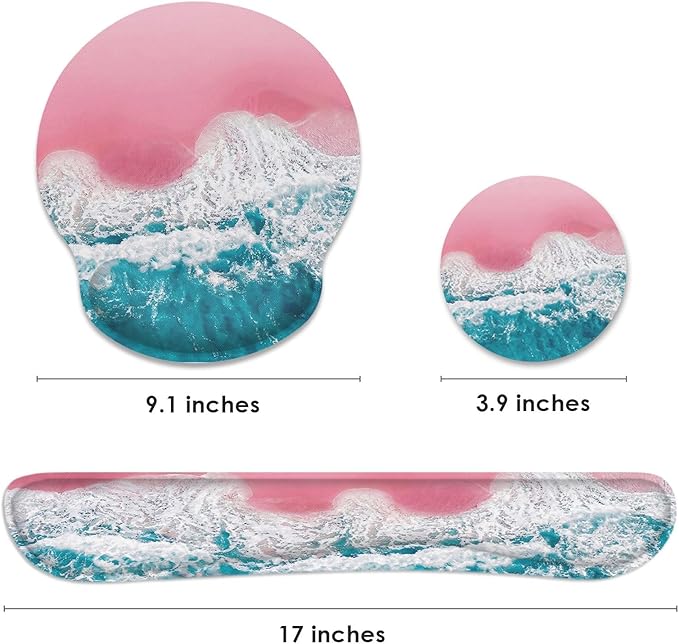 Britimes Blue Sea Pink Sand Beach Ergonomic Mouse Pad Set with Wrist Rest Non-Slip Rubber Base Wrist Cushion Support and Coasters Mousepad with Wrist Support for Computer Keyboard and Desk