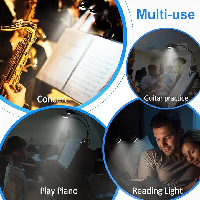 Music Stand Lights - 8 LED Book Light, Piano Light Clip On, USB & AAA Battery Powered, Eye Care & Portable, 2 Arm x 2 Brightness Levels, Ideal for Musician, Piano Player, Orchestra, Travel