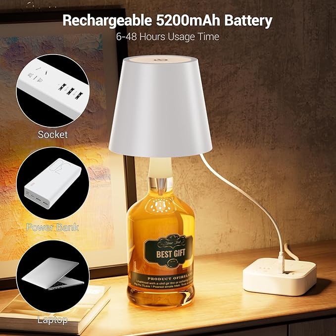 Wireless Bottle Lamp, Wireless Bottle Lamp Shade with 6 Color Temperature, Rechargeable Stepless Dimming LED Wine Bottle Lights for Any Bottle, Desk Lamp for Bedroom Restaurant Bar -Yellow