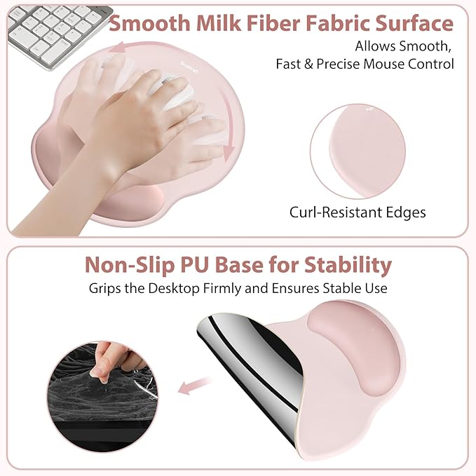 Mouse Pad and Keyboard Wrist Rest, 3-in-1 Gel Memory Foam Ergonomic Mouse Pad with Wrist Rest Set, Gaming Mousepad Arm Cushion Support for Computer Office Desk Accessories Cute Setup, Pink