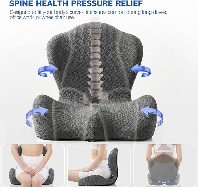 Office Chair Cushion for Tailbone & Back Support, Strong Lumbar Support Ergonomic Cushions, Comfortable Memory Foam Cushion for Pressure Relief, Suitable for Office Chairs, Home Chairs, Car