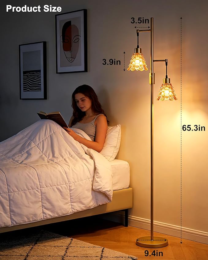 2-Light Modern Glass Floor Lamp, Gold Standing Lamp with Amber Shell Glass Shade, Dimmable LED Floor Lamp with Rotary Switch for Living Room Bedroom, Bulb Included