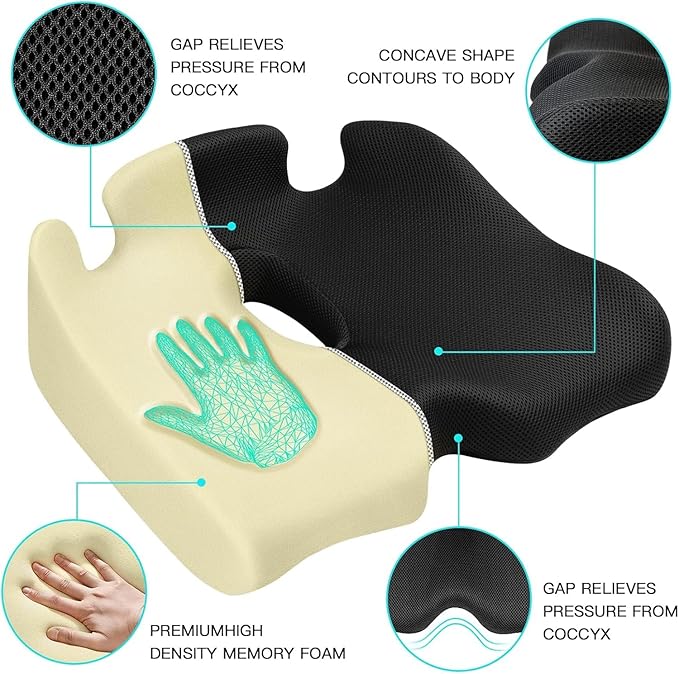 Benazcap X Large Memory Foam Seat Cushion for Office Chair, Ergonomic Coccyx & Tailbone Support, Firm Pressure Relief Pad for Long Sitting, Office Chair, Gaming Chair and Car Seat