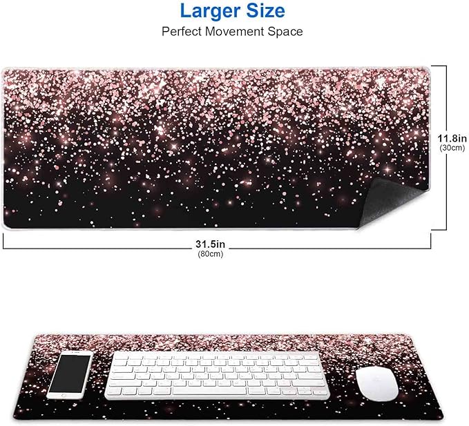 IMAYONDIA Gaming Mouse Pad, Large Non-Slip Rubber Base Mousepad with Stitched Edges, Keyboard Mouse Mat Desk Pad for Work, Game, Office, 31.5x11.8 Inch - Rose Gold Black Glitter Luxury