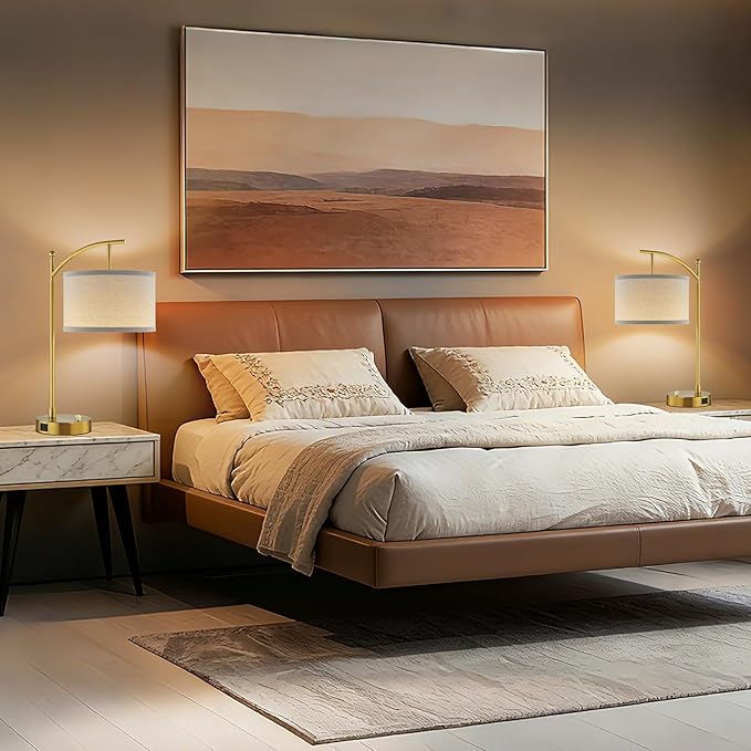 Table Lamp for Living Room Bedroom, 23.5" Table Lamps Set of 2 with USB C+A Ports, Bedside Lamps for Nightstand with Linen Lamp Shades, 2 Dimmable LED Bulbs Included, Gold