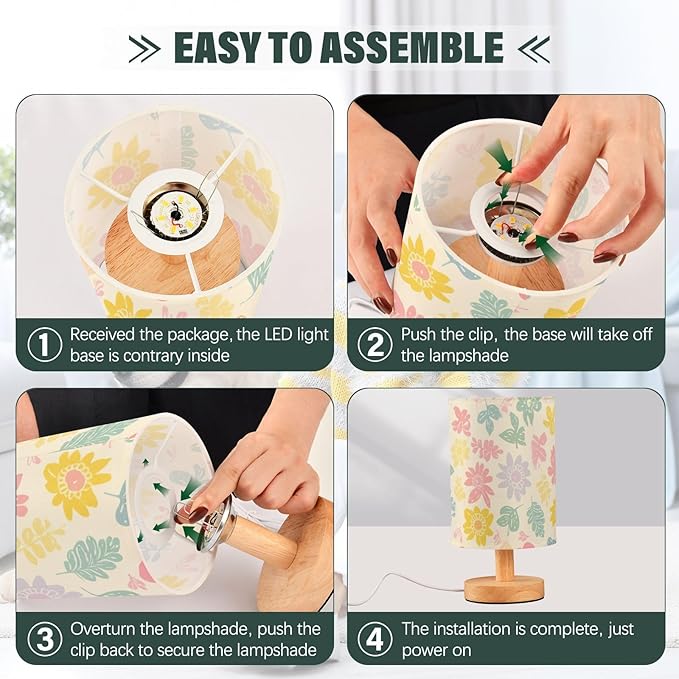 Pastel Floral LED Table Lamp, Bedside Lamp with Linen Lampshade, Flicker-Free Eye Care USB Plug in Nightstand Lamp, for Bedroom and Office