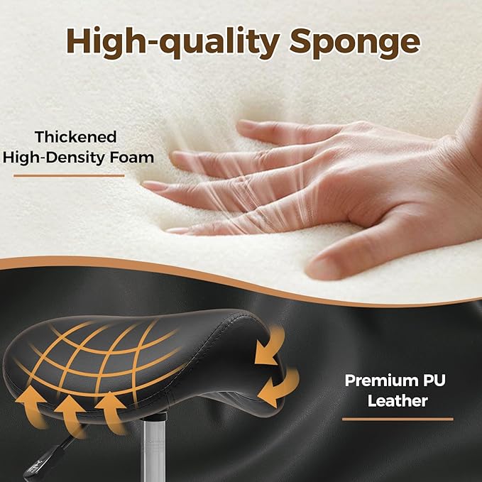 BEWISHOME Ergonomic Rolling Saddle Stool, Height-Adjustable Rolling 360° Swivel Saddle Stool Chair with Thickened Saddle Seat Padding, for Salons, Spas, Office, Black BMD02B