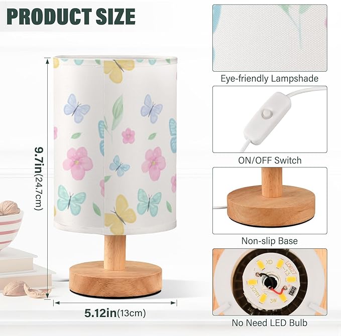 Pastel Butterfly LED Table Lamp, Bedside Lamp with Linen Lampshade, Flicker-Free Eye Care USB Plug in Nightstand Lamp, for Bedroom and Office