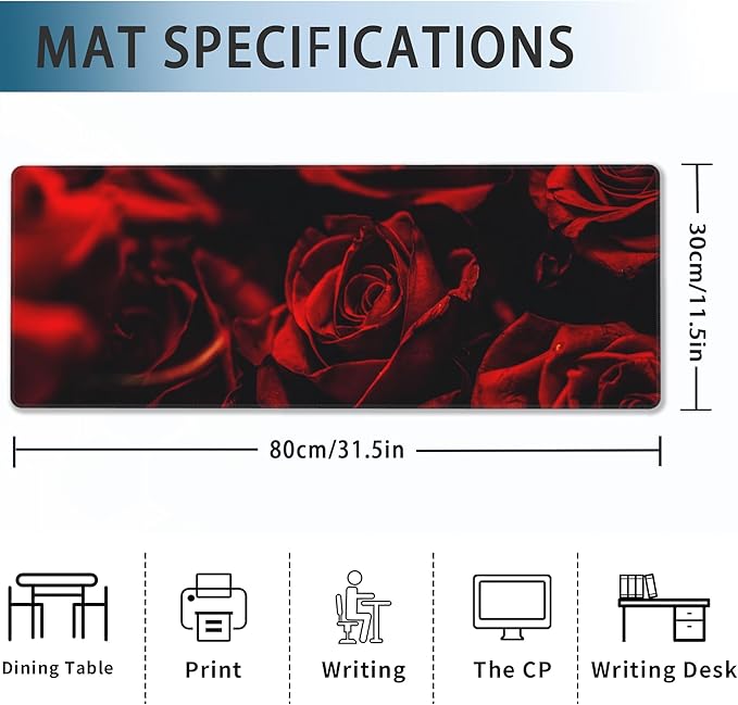 Rose Gaming Mouse Pad, Abstract Red Rose and Black Leaves Extended Mouse Pad Gaming Large,Big Desk Mat with Non-Slip Base and Stitched Edge,Computer Keyboard Mouse Mat for Home Office 31.5"x11.8"