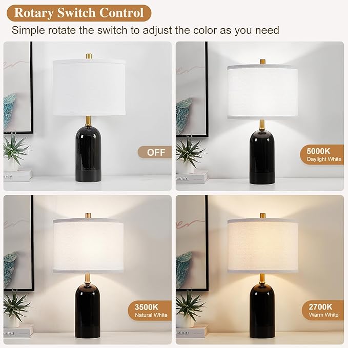 GyroVu Modern Ceramic Table lamp Set of 2, Black Bedside Lamp 21.5" Tall Nightstand Lamp End Table Lamps for Living Room Bedroom (Bulbs Included)