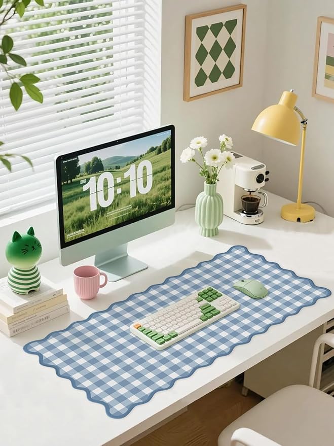 Scalloped‌ Blue Checkered Gingham Desk Mat Cute Pastel XXL Large Gaming Mouse Pad Kawaii Cottagecore ‌Vintage‌ Rustic Keyboard Computer Mat Aesthetic Desk Pad Accessories Office Decor
