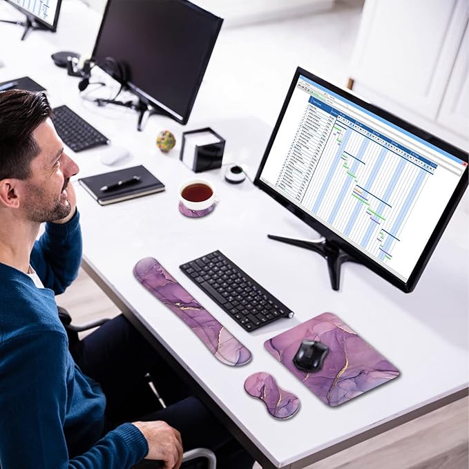 AIMSA Keyboard Wrist Rest Support + Mouse Pad + Mouse Wrist Rest + Coaster, Ergonomic Memory Foam Anti-Slip Rubber Base 4 PCS Set Easy Typing Pain Relief, Purple Marble