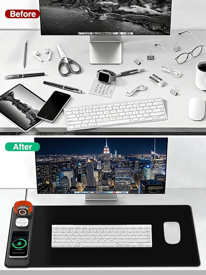 Mouse Pad with Magnetic Wireless Charging, Large Desk Mat, Non-Slip Mouse Mat, Keyboard Pad for Gaming, Desk, Office, PC (The Left Charging-Black)