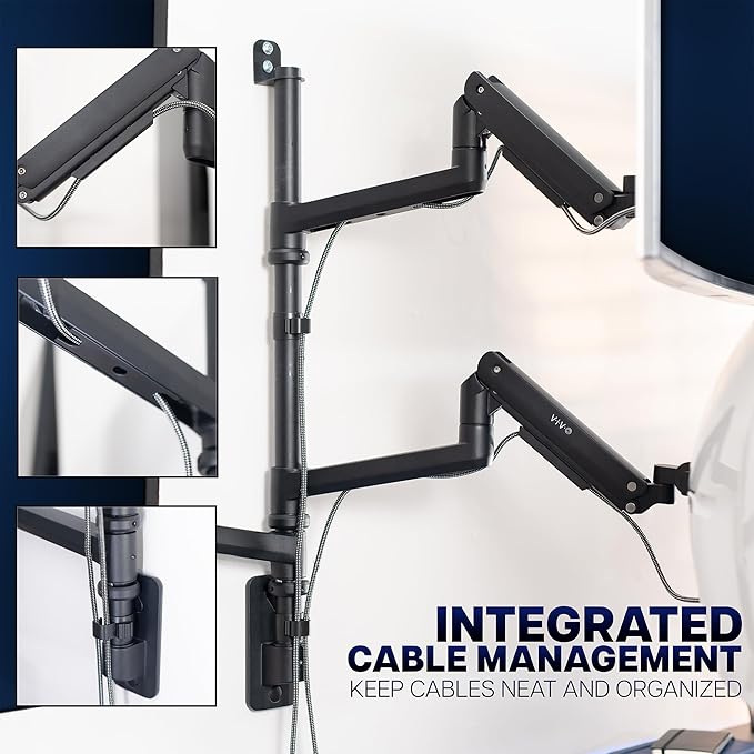VIVO Pneumatic Arm Triple Ultrawide Monitor Wall Mount for Up to 49 inch Screens with Height Adjustment, Heavy Duty, Holds 3 Ultra Wides Up to 35.2 lbs, Black, MOUNT-VW300D